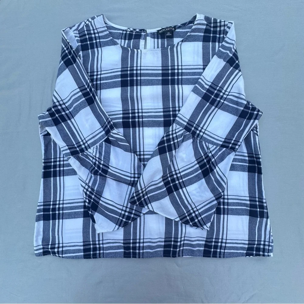 J.Crew Mercantile Plaid Bell Sleeve Blouse Top Navy Blue White Cotton Size 14